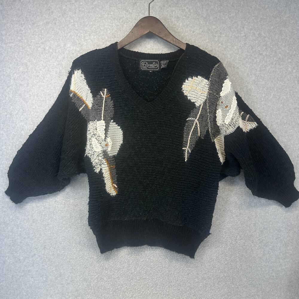 Rochelle California Sweater Medium Black Floral Embroidered V-Neck 3/4 Sleeve